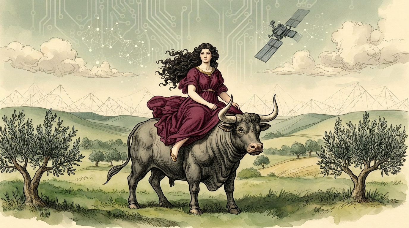 Editorial sketch of Europa and the bull set in a green European landscape with subtle technology motifs